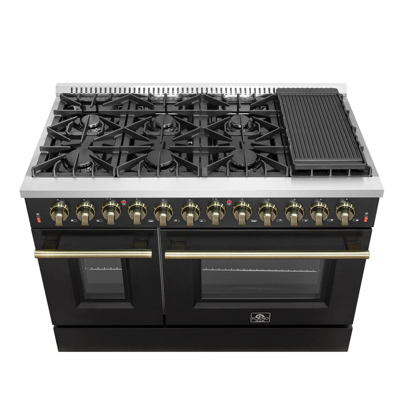 Forno Galiano 5-Piece Appliance Package - 48-Inch Dual Fuel Range, 48-Inch Hood, 36-Inch Refrigerator, 24-Inch Dishwasher, & 30-Inch Microwave Drawer in Black with Antique Brass Trim