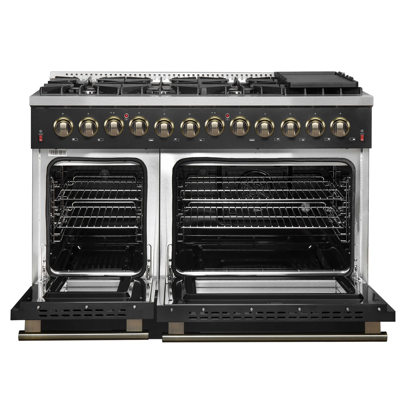 Forno Galiano 5-Piece Appliance Package - 48-Inch Dual Fuel Range, 48-Inch Hood, 36-Inch Refrigerator, 24-Inch Dishwasher, & 30-Inch Microwave Oven in Black with Antique Brass Trim