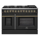 Forno Galiano 4-Piece Appliance Package - 48-Inch Dual Fuel Range, 48-Inch Hood, 36-Inch Refrigerator, & 24-Inch Dishwasher in Black with Antique Brass Trim