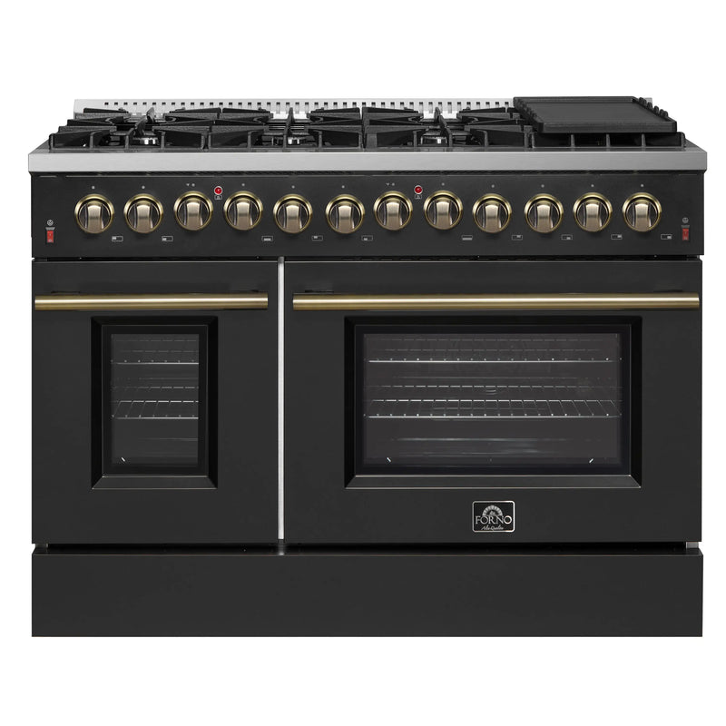 Forno Galiano 5-Piece Appliance Package - 48-Inch Dual Fuel Range, 48-Inch Hood, 36-Inch Refrigerator, 24-Inch Dishwasher, & 30-Inch Microwave Oven in Black with Antique Brass Trim