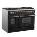 Forno 4-Piece Appliance Package - 48-Inch Dual Fuel Range, 60-Inch Convertible Refrigerator with Modern Trim, Dishwasher, and 30-Inch Microwave Oven in Black with Antique Brass Handle