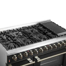 Forno 5-Piece Appliance Package - 48-Inch Dual Fuel Range, Wall Mount Range Hood, 60-Inch Refrigerator, Dishwasher, and 24-Inch Microwave Drawer in Black with Antique Brass Handle
