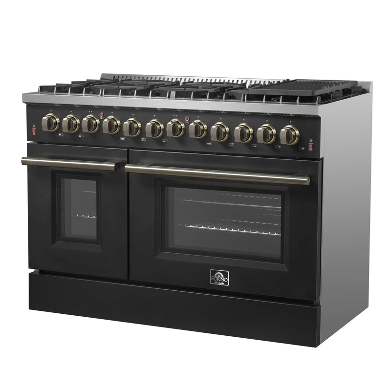 Forno Galiano 5-Piece Appliance Package - 48-Inch Dual Fuel Range, 48-Inch Hood, 36-Inch Refrigerator, 24-Inch Dishwasher, & 30-Inch Microwave Oven in Black with Antique Brass Trim
