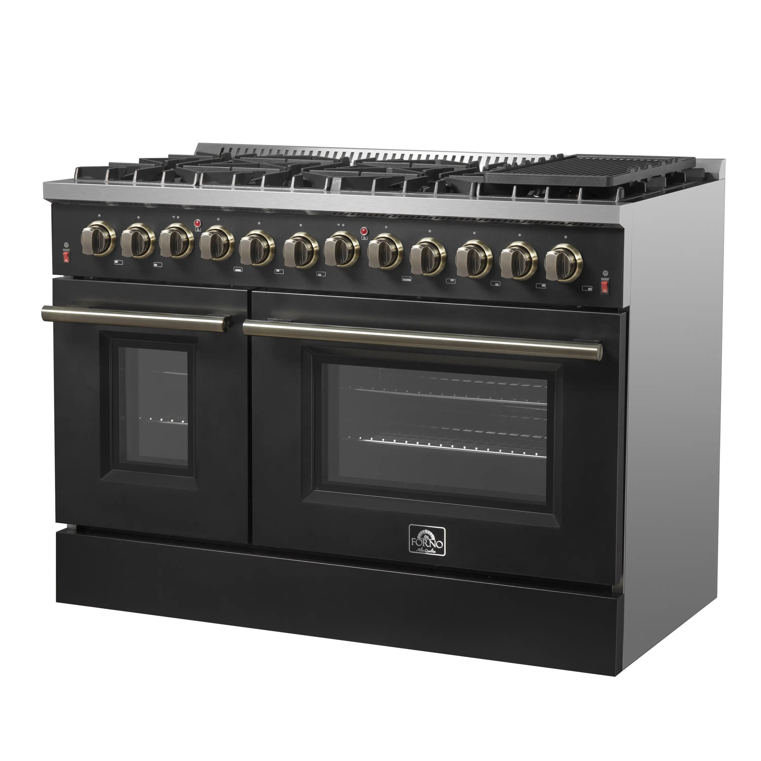 Black dual-fuel range with brass knobs, long handles, and two oven doors