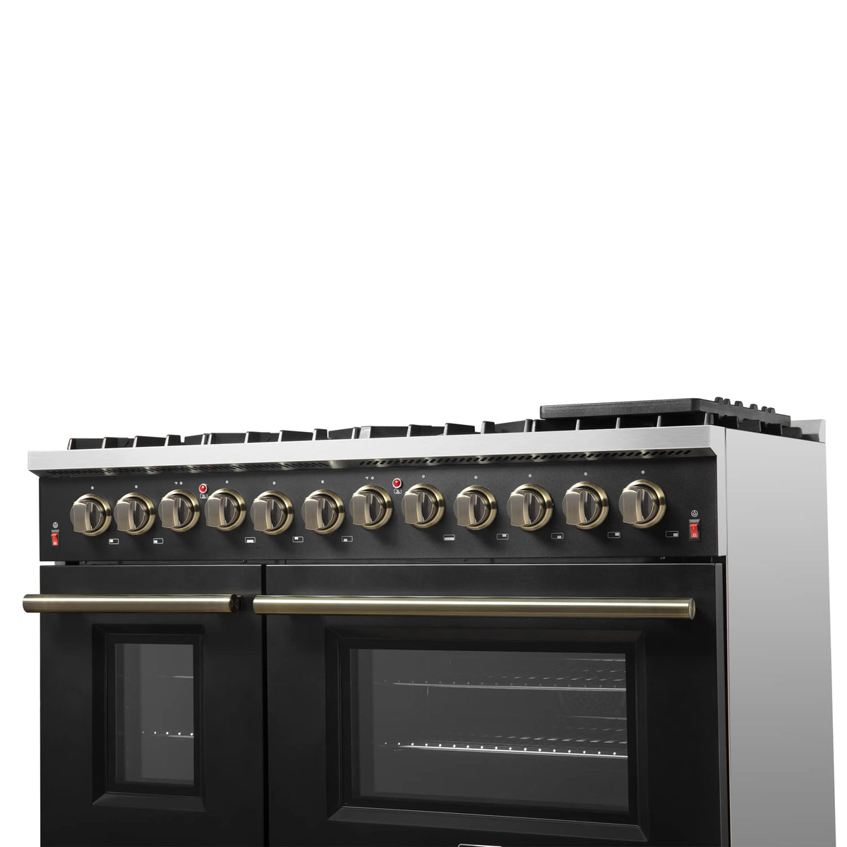 Dual fuel range front three-quarter view with black doors and double brass handle bars