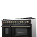 Forno Galiano 4-Piece Appliance Package - 48-Inch Dual Fuel Range, 48-Inch Hood, 36-Inch Refrigerator, & 24-Inch Dishwasher in Black with Antique Brass Trim