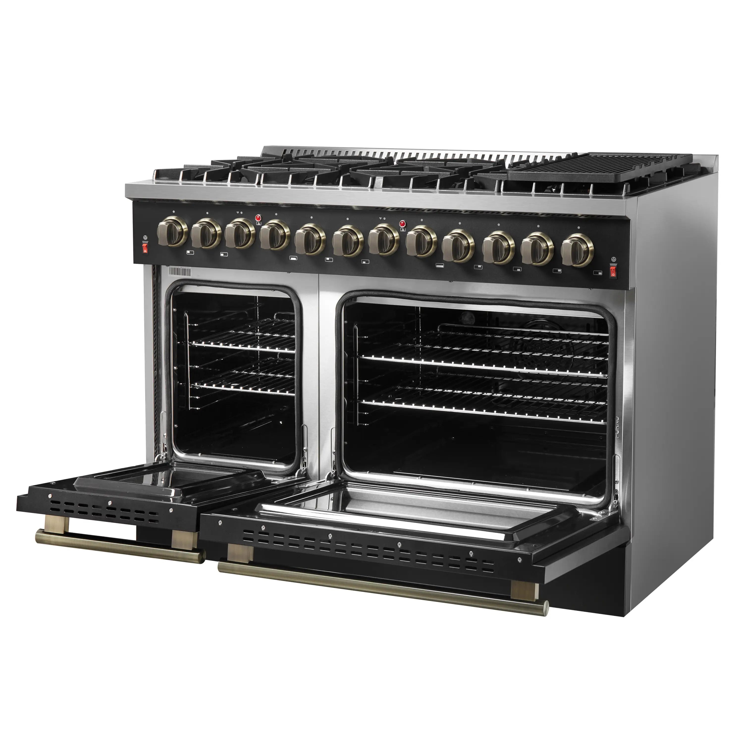 Black dual fuel range with both ovens open, wire racks inside, and brass-trim side rails