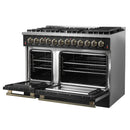 Forno Galiano 4-Piece Appliance Package - 48-Inch Dual Fuel Range, 48-Inch Hood, 36-Inch Refrigerator, & 24-Inch Dishwasher in Black with Antique Brass Trim