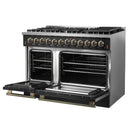 Forno 4-Piece Appliance Package - 48-Inch Dual Fuel Range, 60-Inch Convertible Refrigerator with Modern Trim, Dishwasher, and 24-Inch Microwave Drawer in Black with Antique Brass Handle