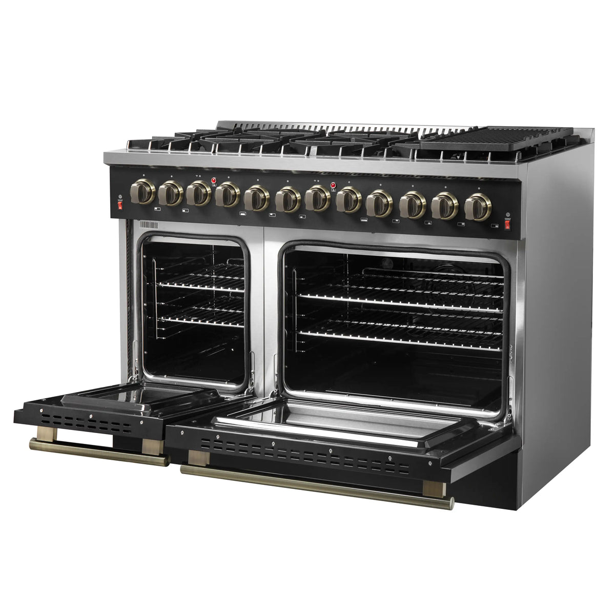 Dual fuel range showing both ovens open with wire racks and removable black oven trays