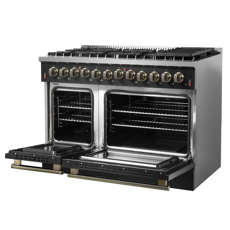 Forno Galiano 2-Piece Appliance Package - 48-Inch Dual Fuel Range & 48-Inch Wall Mount Range Hood in Black with Antique Brass Trim