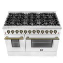 Forno 5-Piece Appliance Package - 48-Inch Dual Fuel Range, Wall Mount Range Hood, 60-Inch Refrigerator, Dishwasher, & 24-Inch Microwave Drawer in White with Antique Brass Handle
