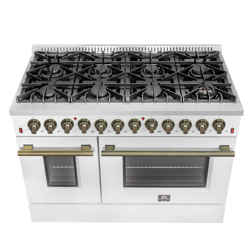 Forno Galiano 5-Piece Appliance Package - 48-Inch Dual Fuel Range, 48-Inch Hood, 36-Inch Refrigerator, 24-Inch Dishwasher, & 24-Inch Microwave Drawer in White with Antique Brass Trim