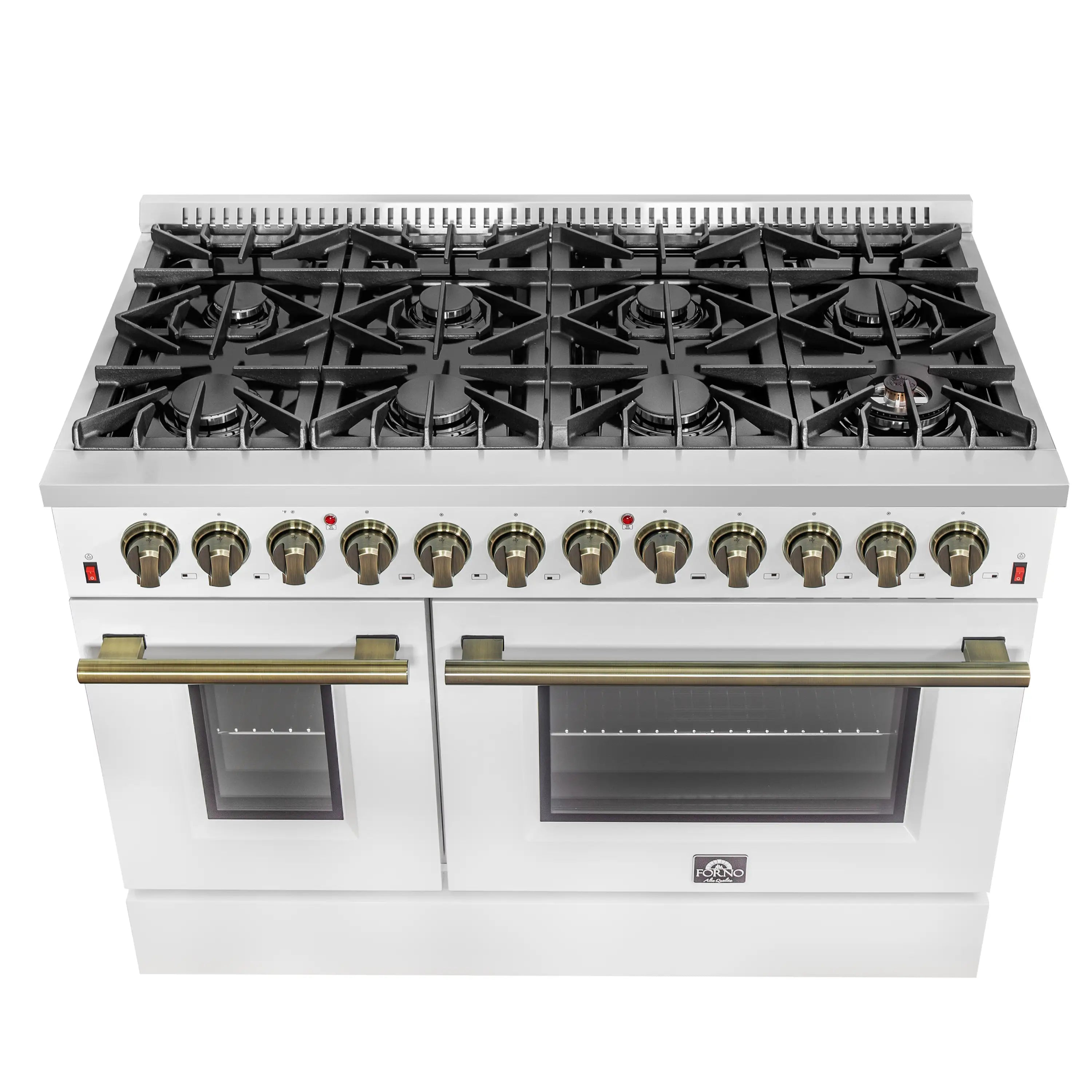 White dual fuel range cooktop with gas burners and antique brass control knobs
