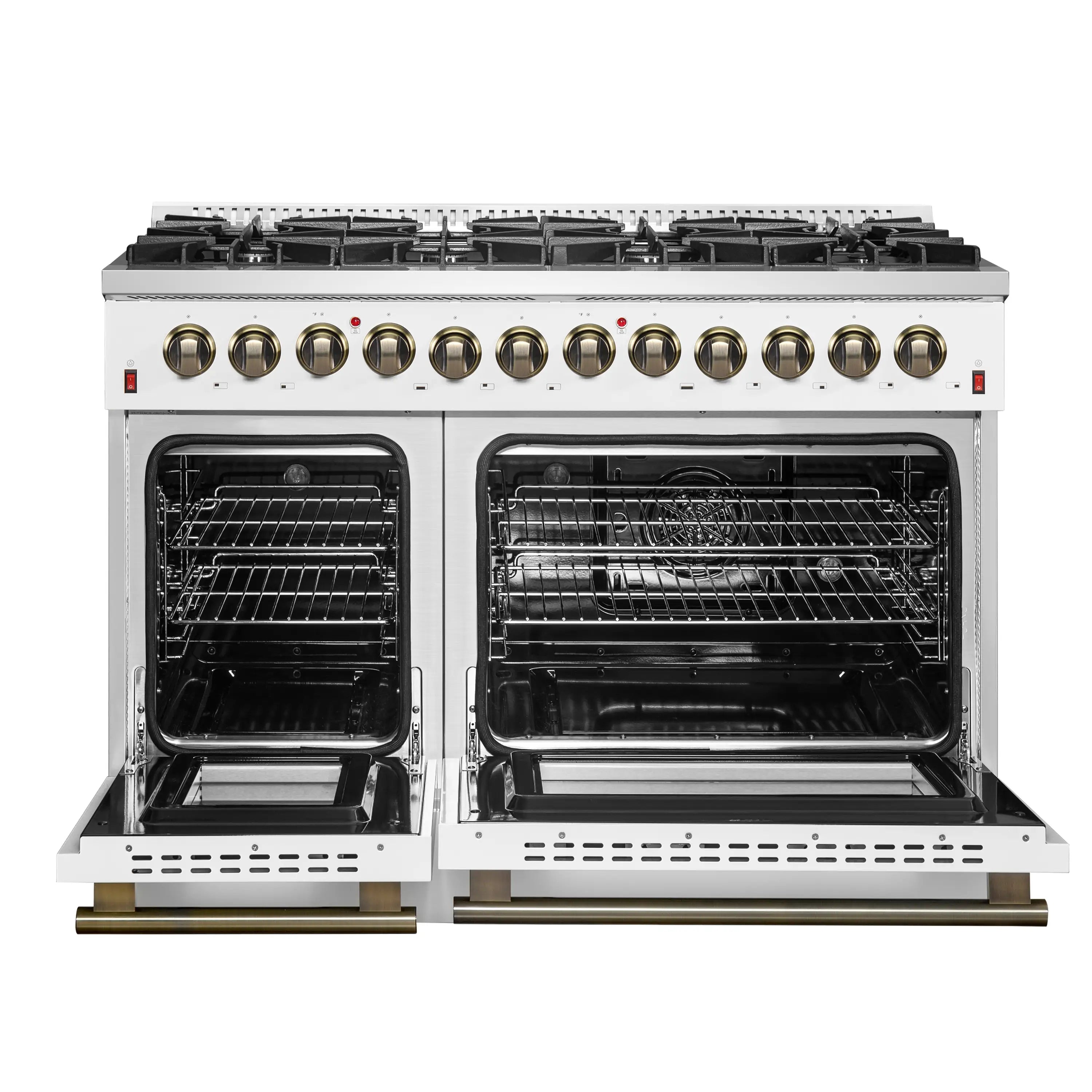 White dual fuel range with both ovens open and wire racks visible inside