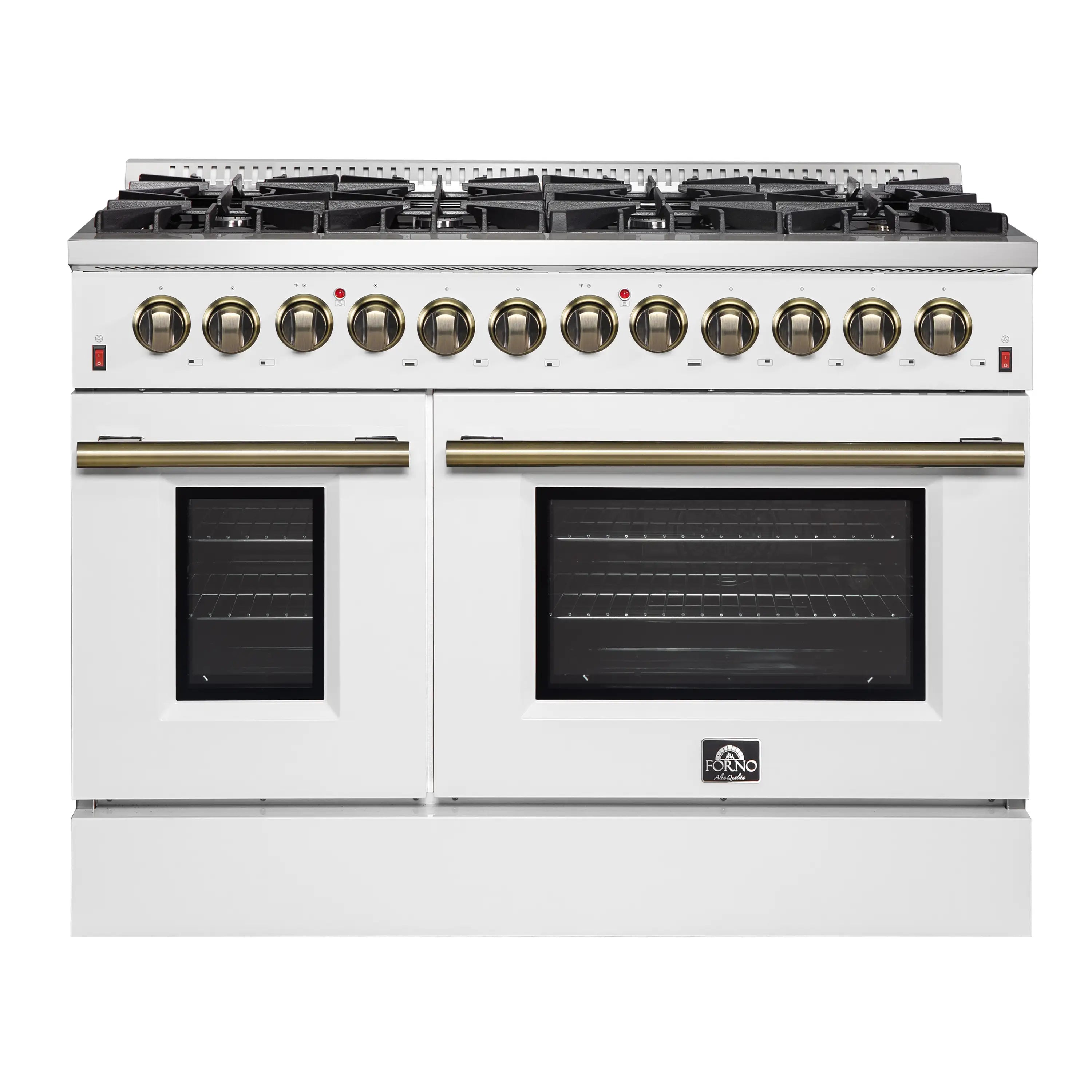 White dual fuel range with brass knobs, open burners, and two dark oven doors