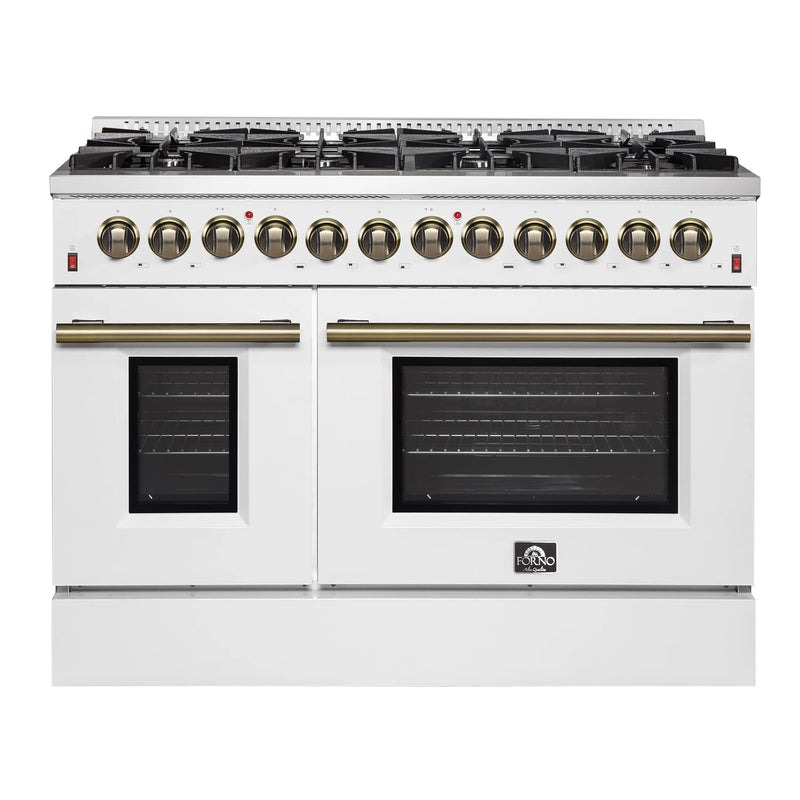Forno Galiano 5-Piece Appliance Package - 48-Inch Dual Fuel Range, 48-Inch Hood, 36-Inch Refrigerator, 24-Inch Dishwasher, & 24-Inch Microwave Drawer in White with Antique Brass Trim