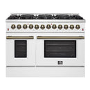 Forno Galiano 5-Piece Appliance Package - 48-Inch Dual Fuel Range, 48-Inch Hood, 36-Inch Refrigerator, 24-Inch Dishwasher, & 30-Inch Microwave Oven in White with Antique Brass Trim