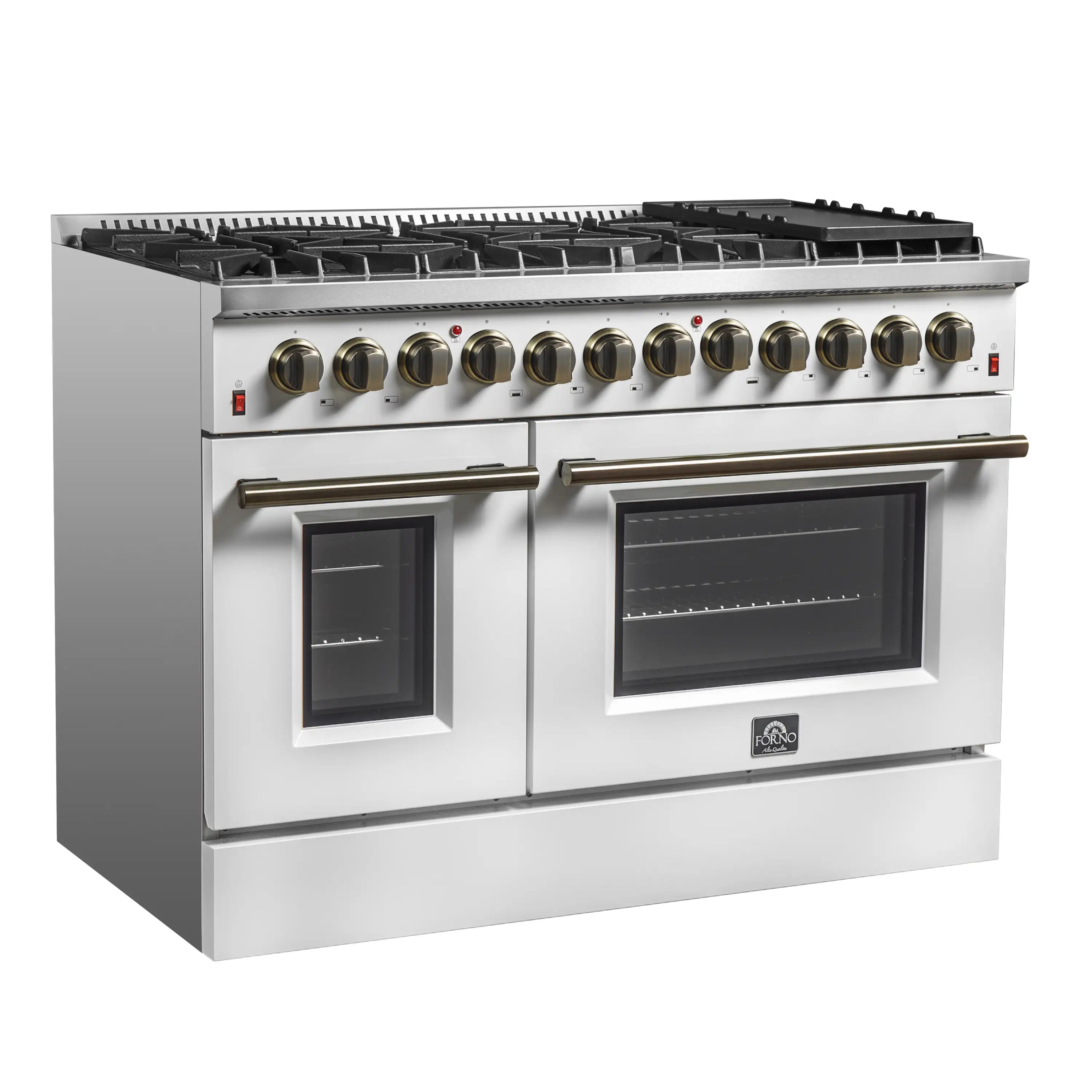 White dual fuel range with brass handles, grates, and two glass oven doors