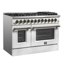 Forno Galiano 4-Piece Appliance Package - 48-Inch Dual Fuel Range, 48-Inch Hood, 36-Inch Refrigerator, & 24-Inch Dishwasher in White with Antique Brass Trim
