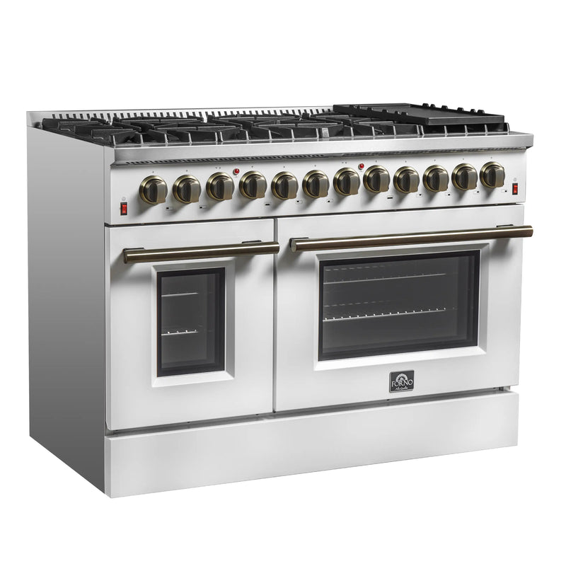 Forno Galiano 5-Piece Appliance Package - 48-Inch Dual Fuel Range, 48-Inch Hood, 36-Inch Refrigerator, 24-Inch Dishwasher, & 30-Inch Microwave Oven in White with Antique Brass Trim