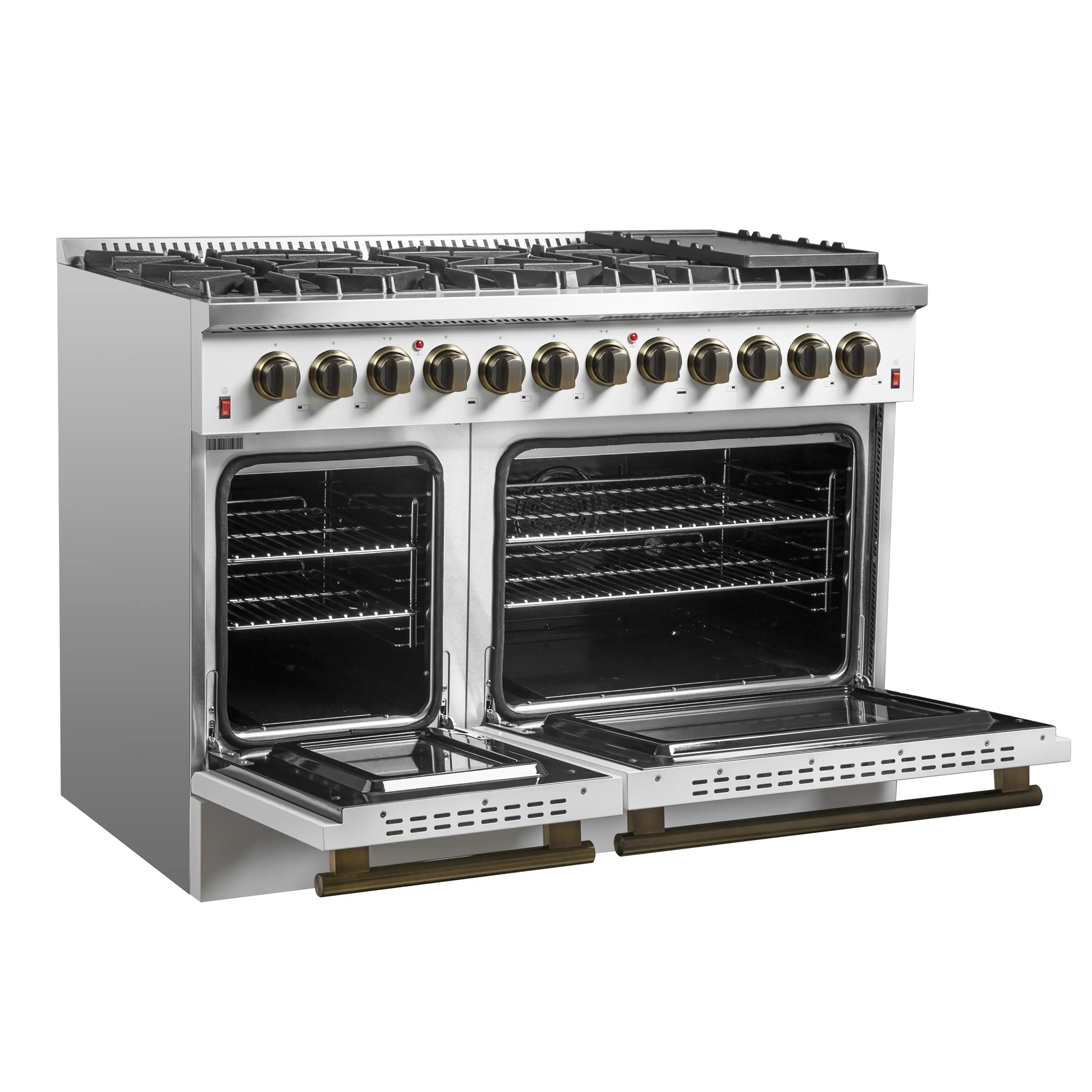 White dual fuel range with two open ovens and brass control knobs along the front