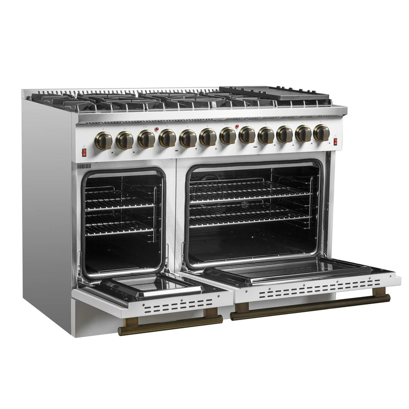 Forno Galiano 5-Piece Appliance Package - 48-Inch Dual Fuel Range, 48-Inch Hood, 36-Inch Refrigerator, 24-Inch Dishwasher, & 24-Inch Microwave Drawer in White with Antique Brass Trim