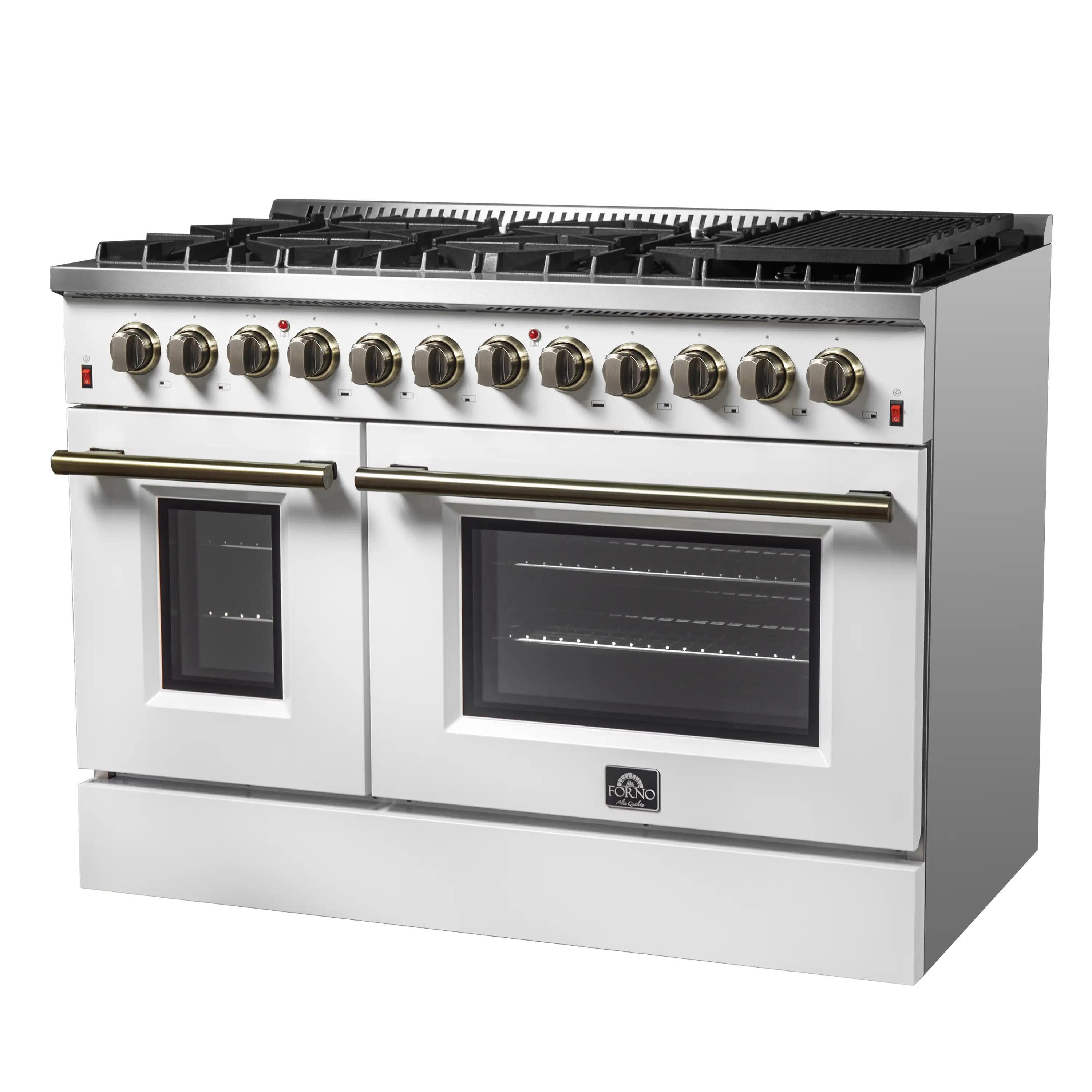 White dual fuel range with brass knobs, cooktop grates, and two oven windows