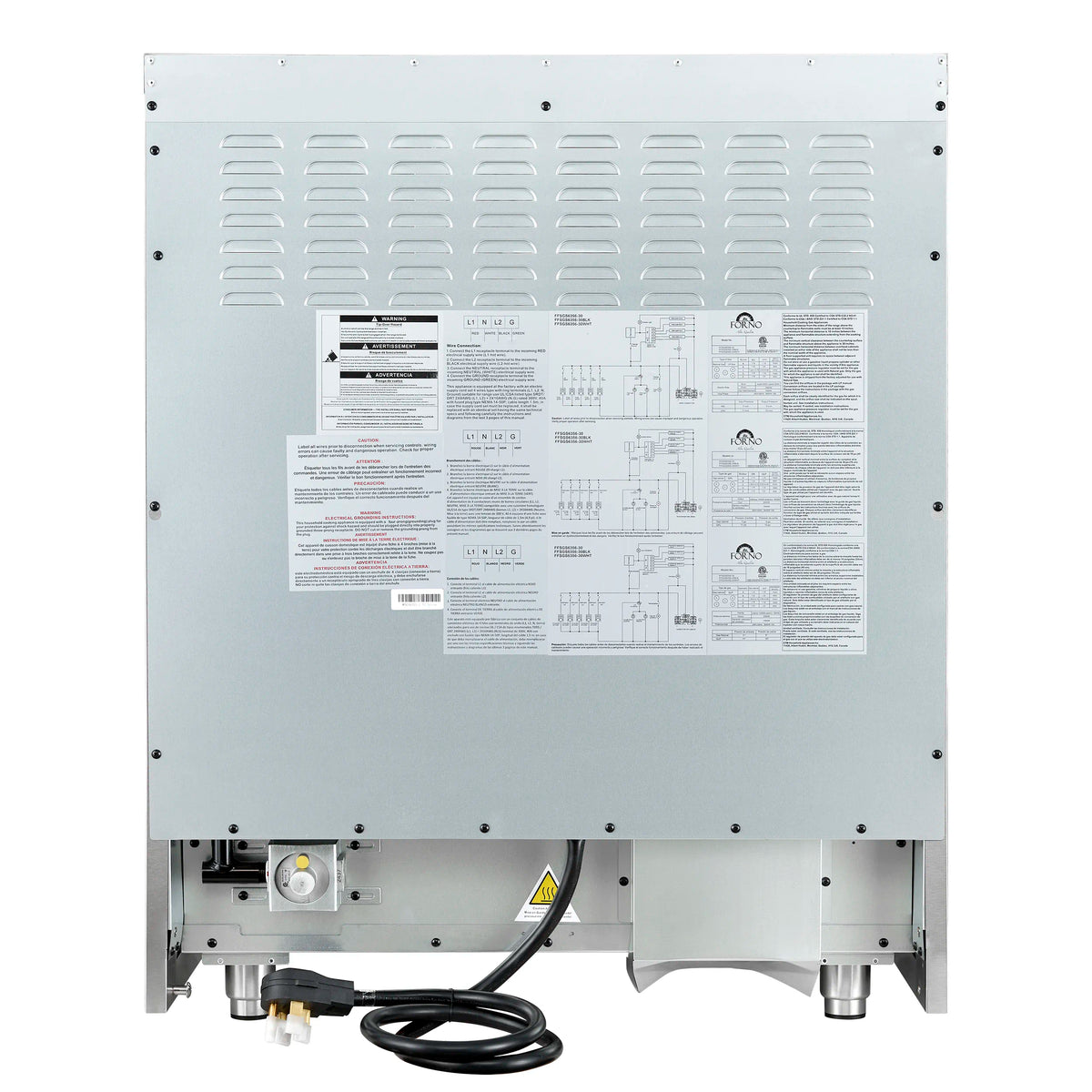 Dual fuel range rear service panel with power/gas connections and venting grilles