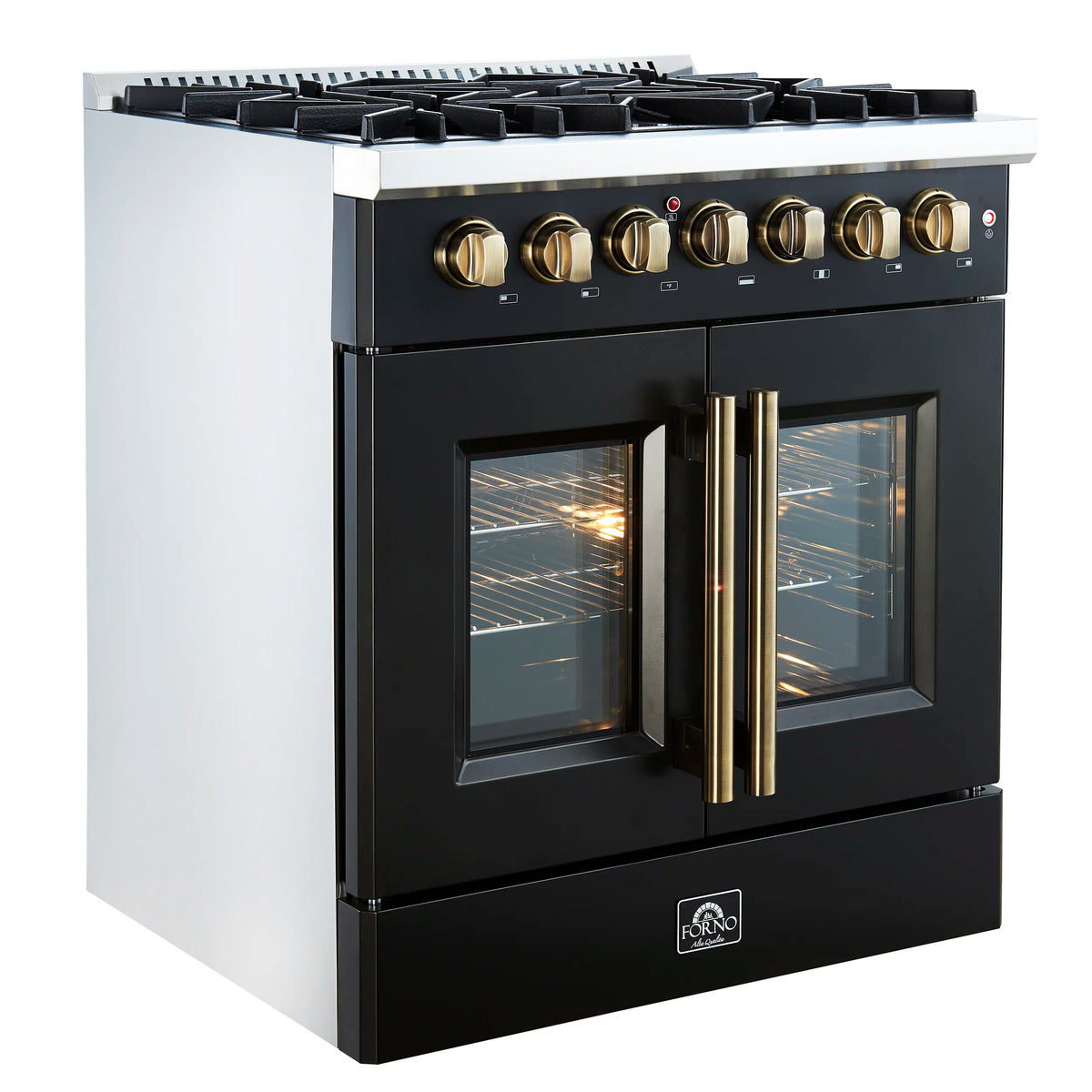 Black dual fuel range with antique brass handles and dual convection ovens