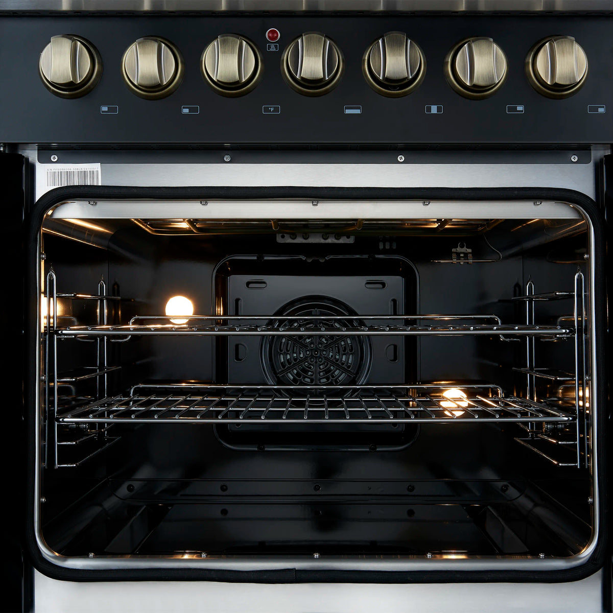 Lit dual fuel range oven cavity with wire racks and convection airflow components