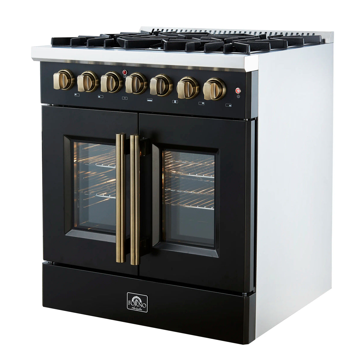 30-inch dual fuel range with French doors, black finish, antique brass control knobs
