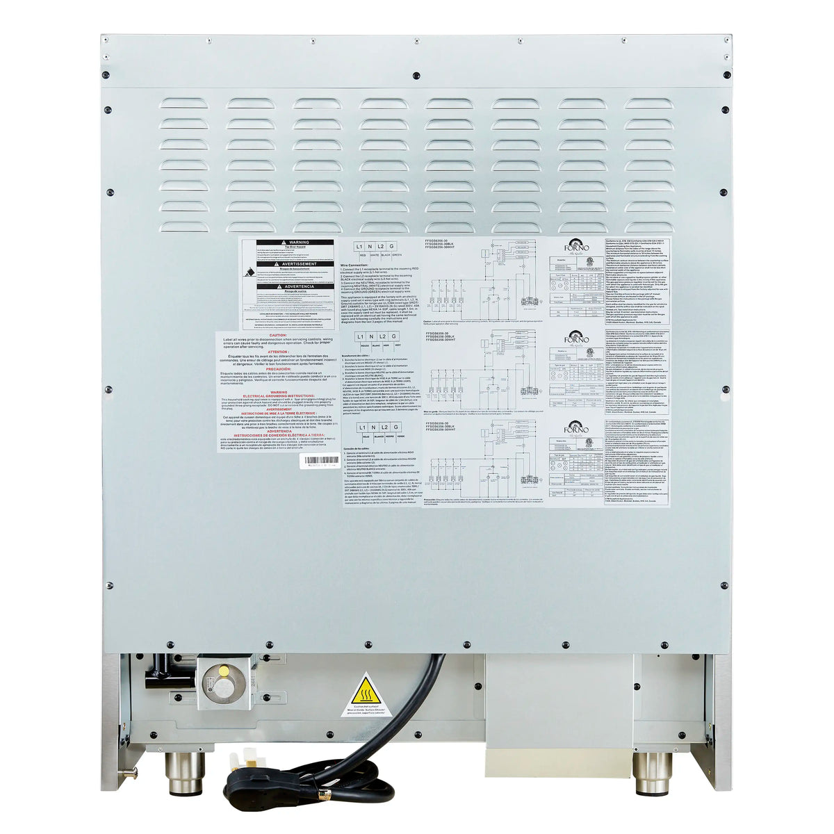 White rear service panel with vented cover, labels, warning symbol, and connected wiring.