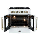 Forno Galiano 30-Inch French Door Dual Fuel Range with 5 Gas Burners and 4.32 Cu.Ft. Electric Convection Oven in White with Antique Brass Trim (FFSGS6356-30WHT)