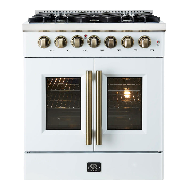 Forno Galiano 30-Inch French Door Dual Fuel Range with 5 Gas Burners and 4.32 Cu.Ft. Electric Convection Oven in White with Antique Brass Trim (FFSGS6356-30WHT)