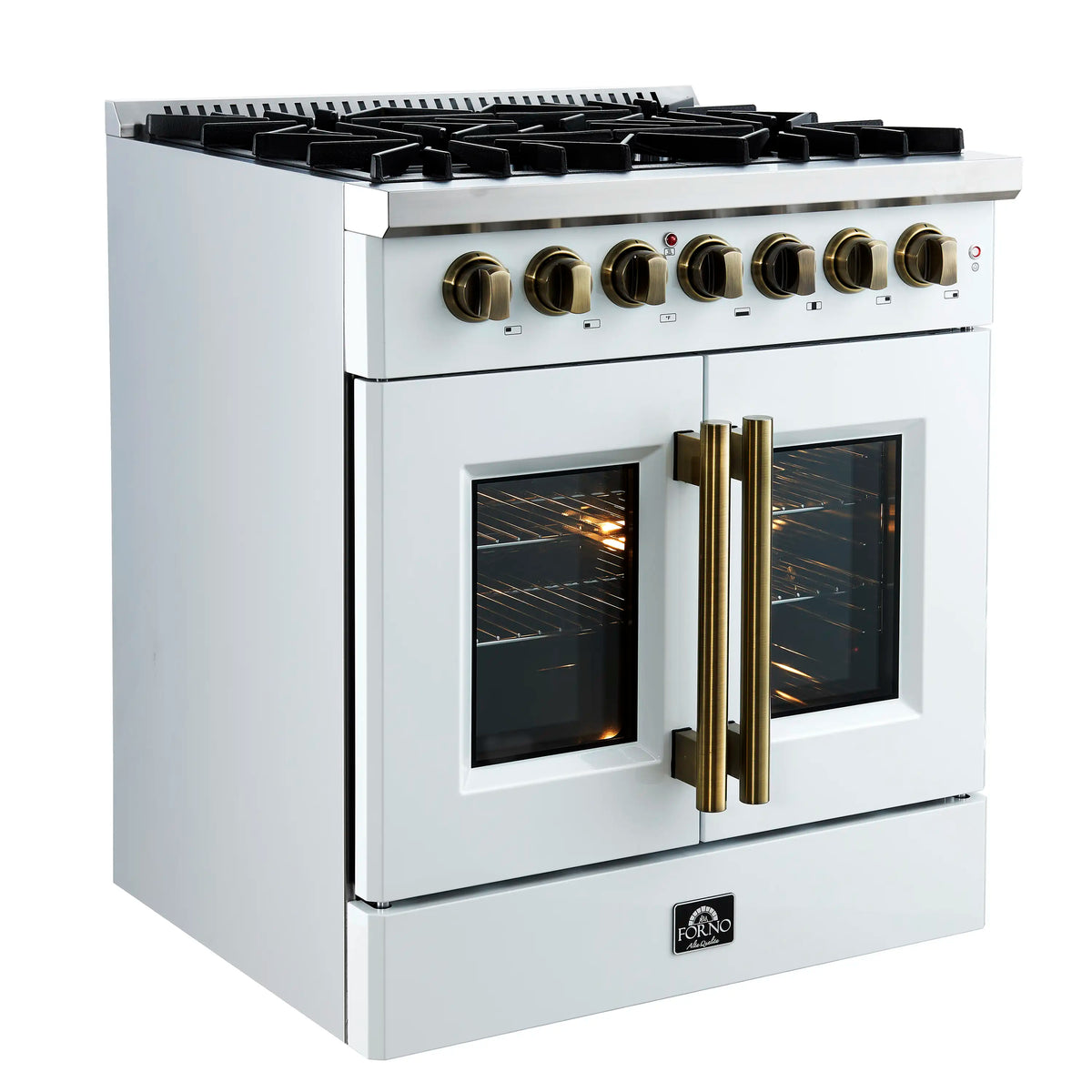 White dual fuel range, 3/4 view: brass handles on two oven doors and black cooktop grates.