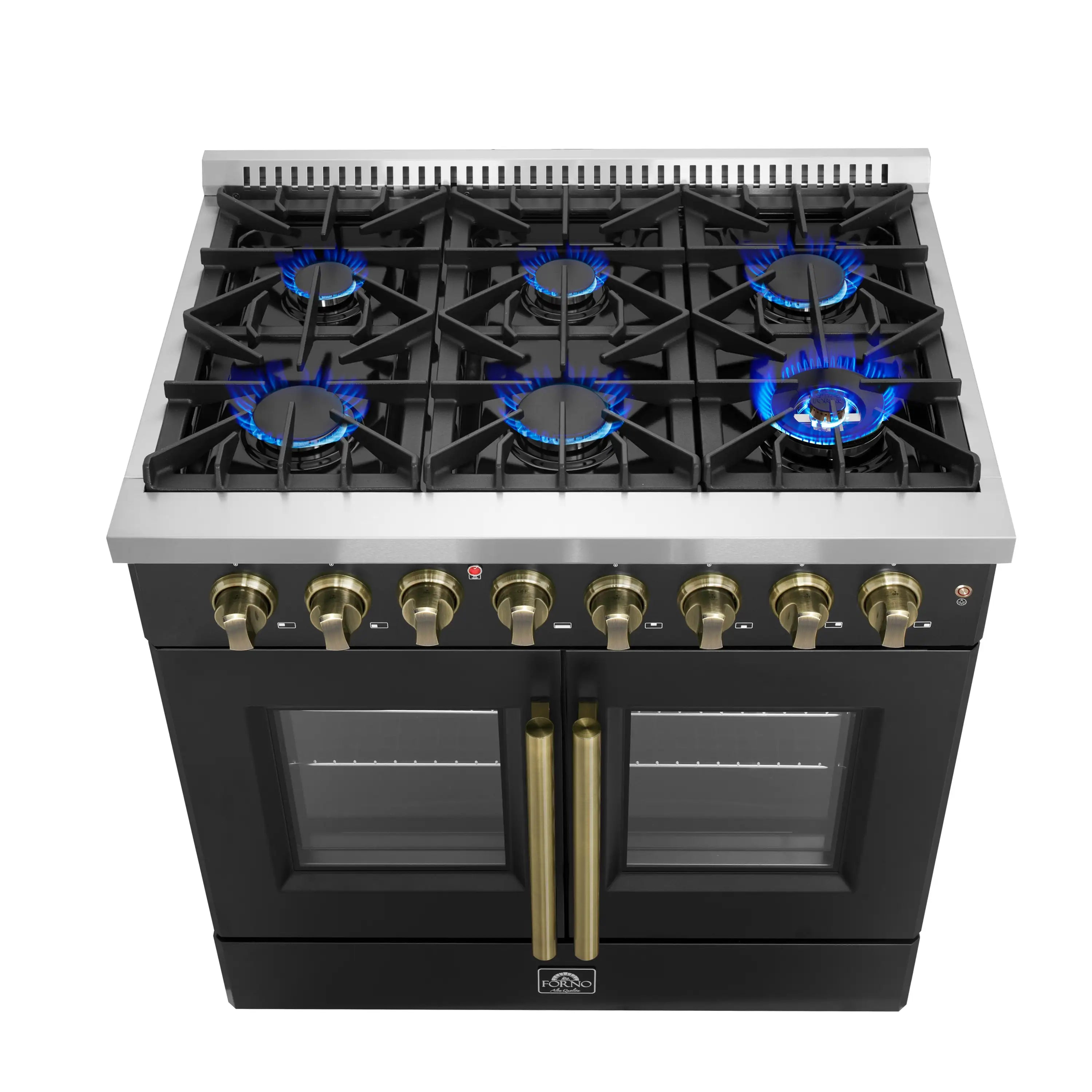Black cooktop with six lit gas burners showing blue flames and black burner grates.