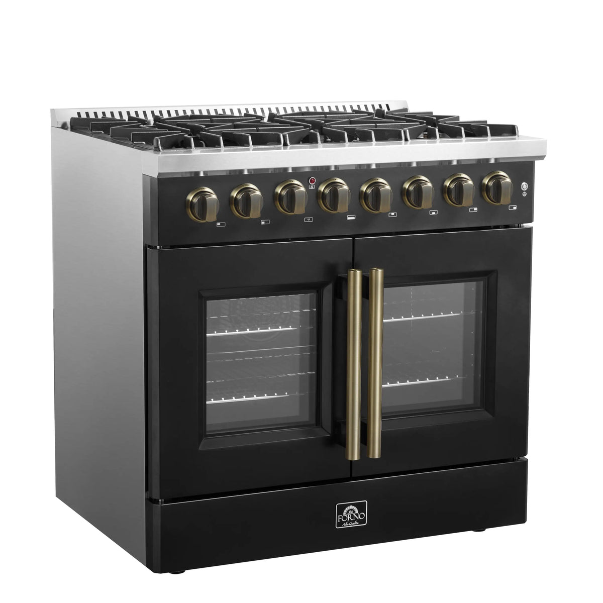 Black dual fuel French door range with two oven windows and antique brass door handles.