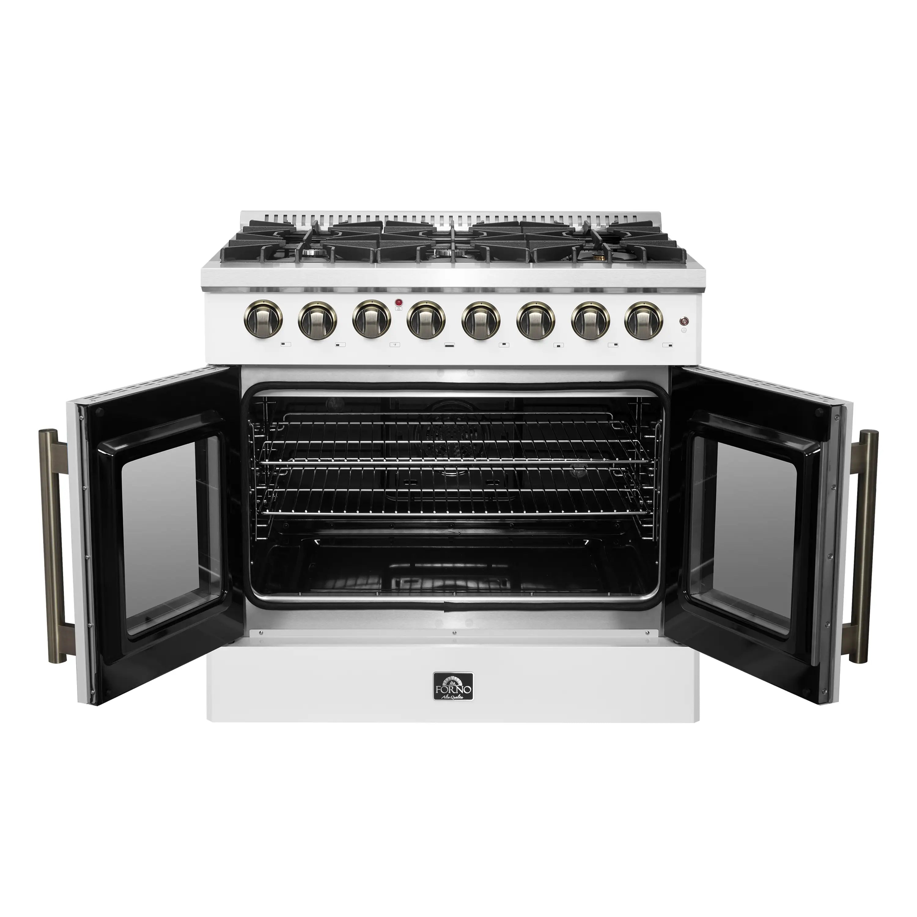 White dual fuel range with open French doors, gas burners, and antique brass handles