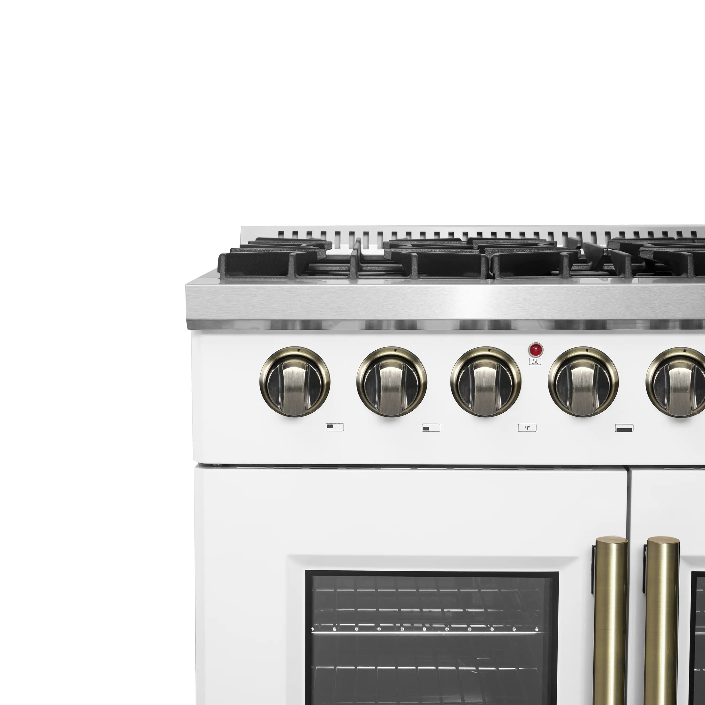 White dual fuel range front with gas burner knobs and stainless control panel