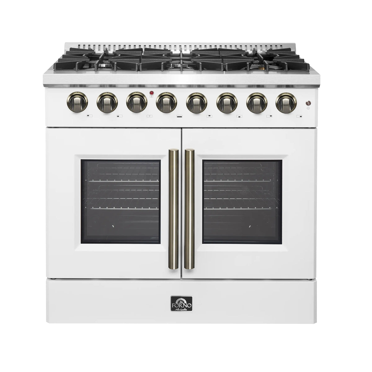 Forno Galiano 36-Inch French Door Dual Fuel Range with 6 Gas Burners and 5.36 Cu.Ft. Electric Convection Oven in White with Antique Brass Trim (FFSGS6356-36WHT)