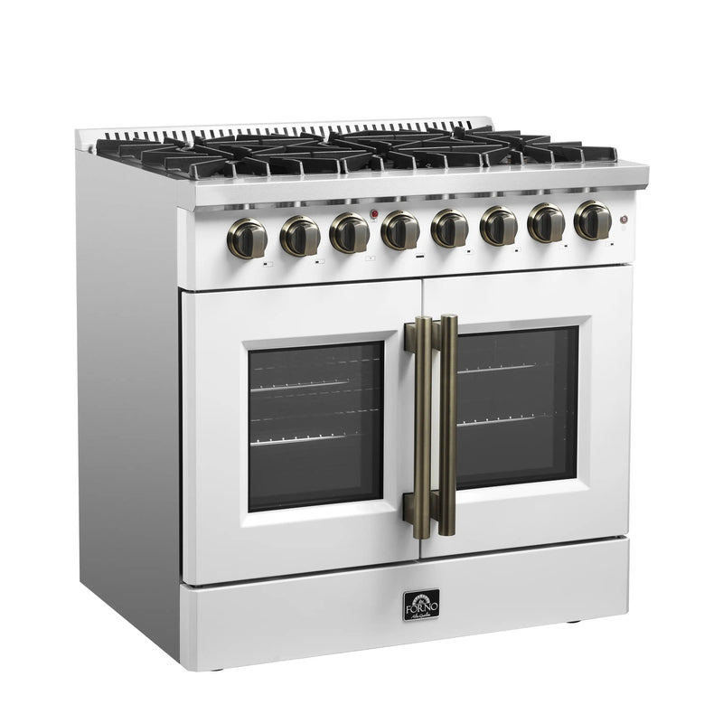 Forno Galiano 36-Inch French Door Dual Fuel Range with 6 Gas Burners and 5.36 Cu.Ft. Electric Convection Oven in White with Antique Brass Trim (FFSGS6356-36WHT)