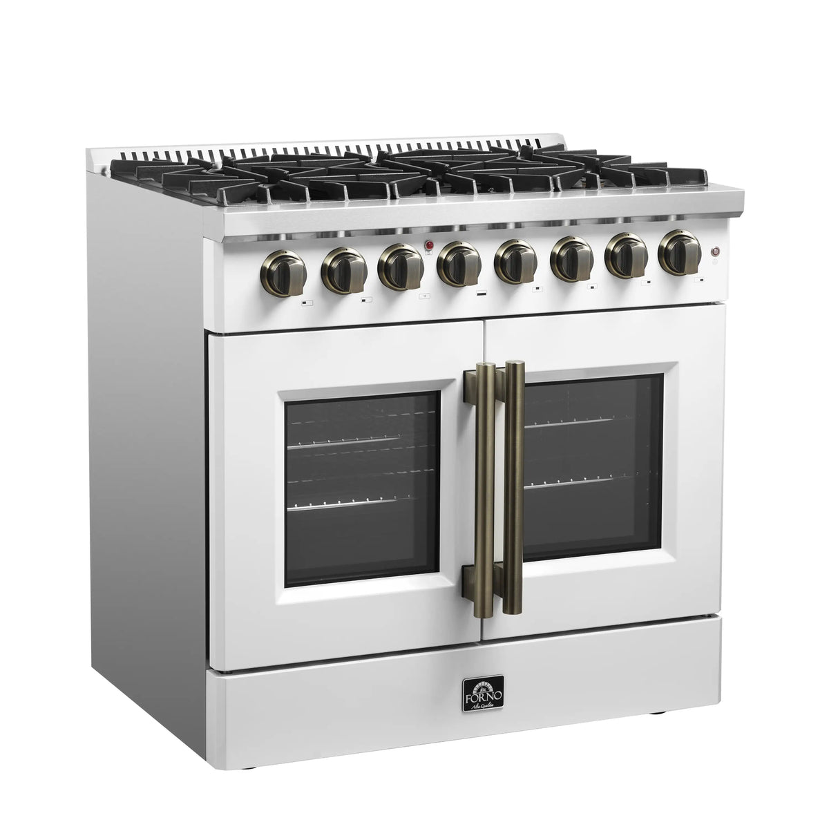 White dual-fuel range with six gas burners, brass knobs, and closed French doors
