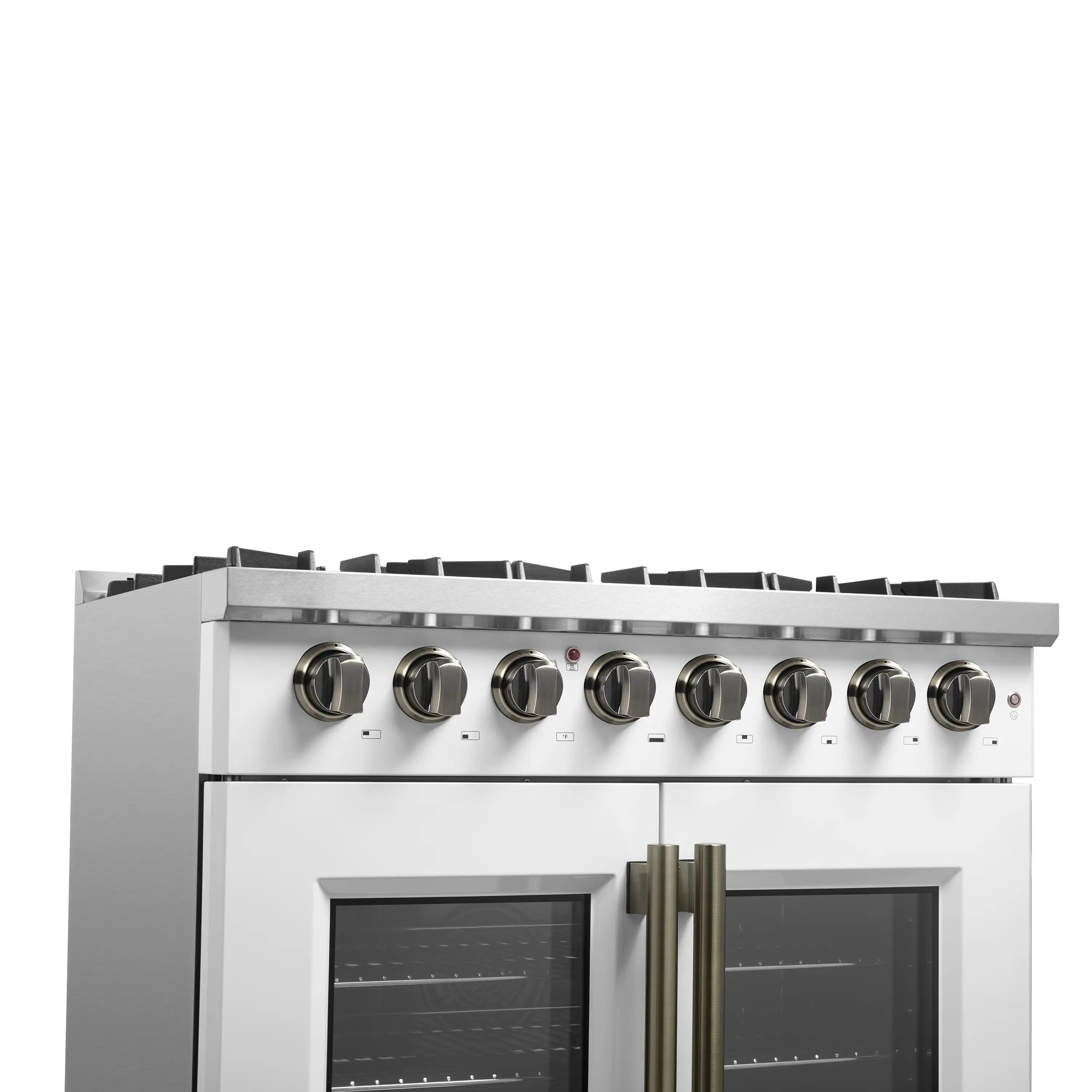 White range top with six gas grates and brass control knobs along the front