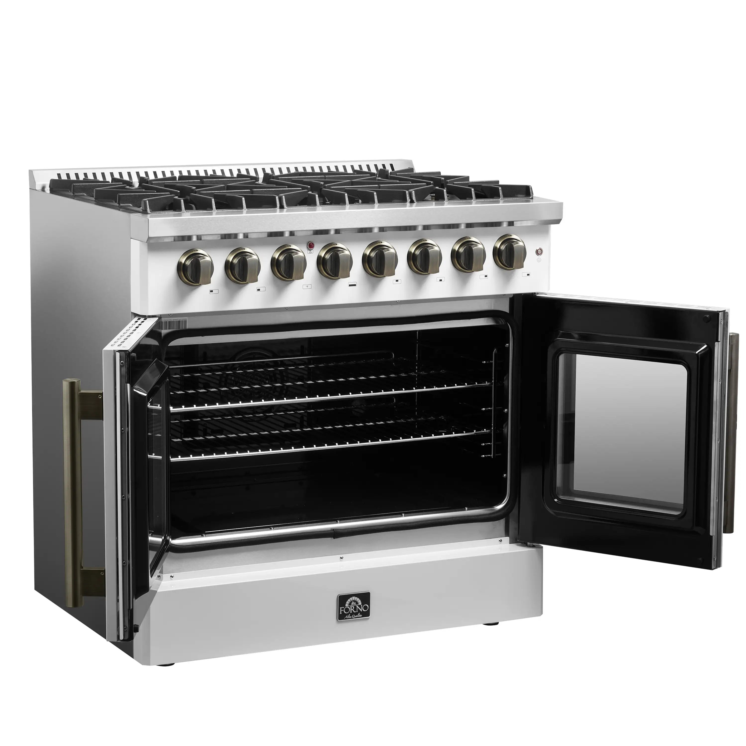 White French-door range with open oven doors, brass handles, and control knobs