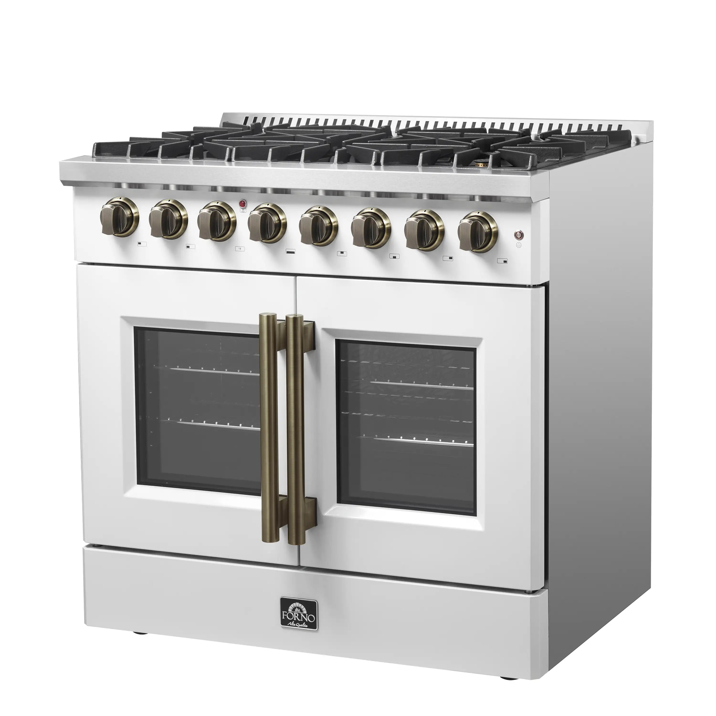 White dual-fuel range front with two oven windows and brass French-door handles