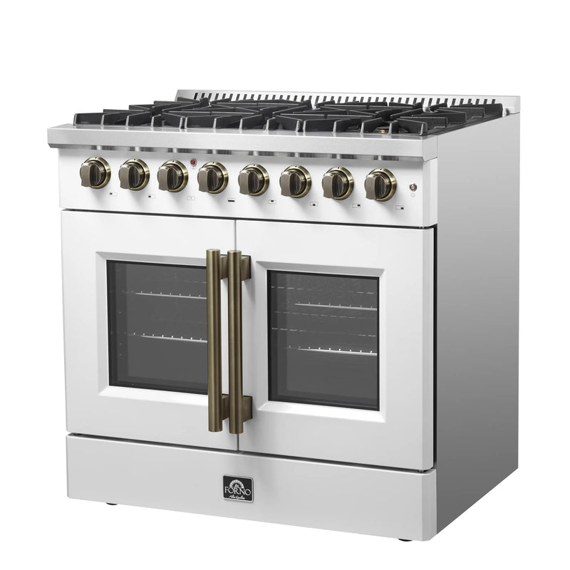 Forno Galiano 36-Inch French Door Dual Fuel Range with 6 Gas Burners and 5.36 Cu.Ft. Electric Convection Oven in White with Antique Brass Trim (FFSGS6356-36WHT)