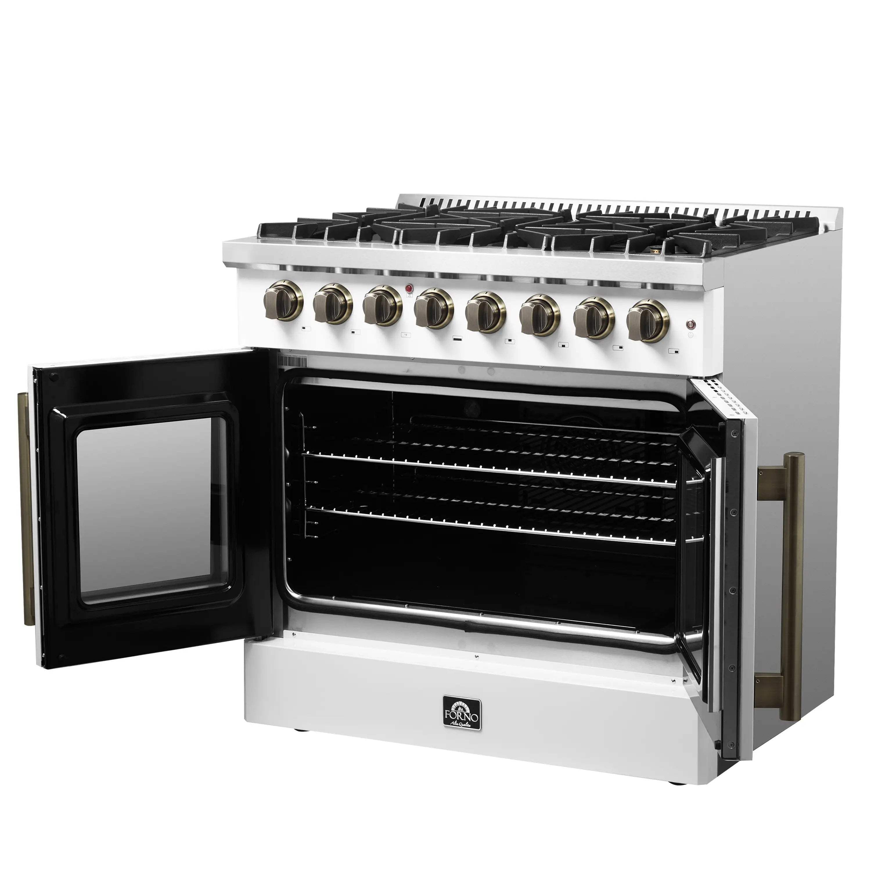 White French-door oven range with open doors and visible racks inside