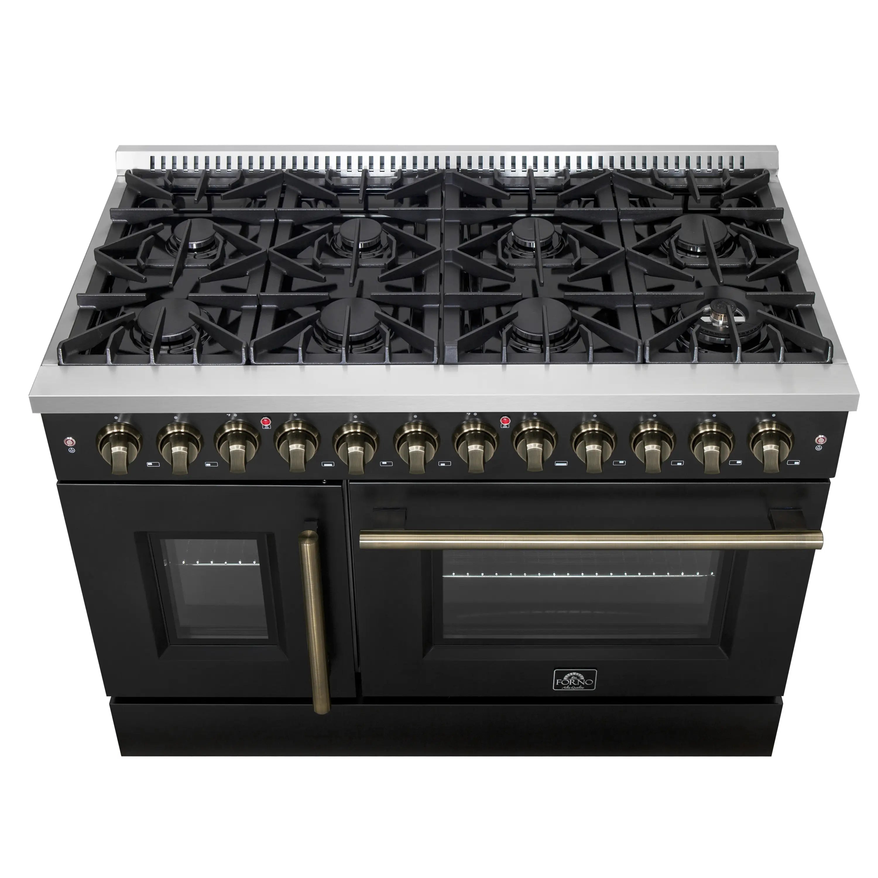 Black dual fuel range with burners on grate top; two glass oven doors and brass handles