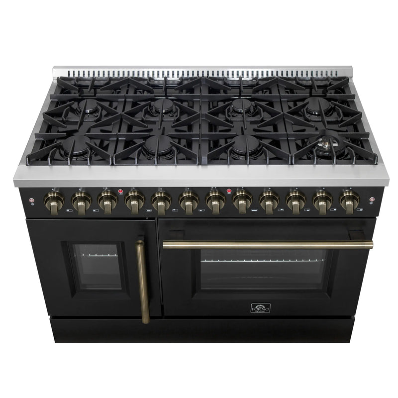 Forno Galiano 48-Inch French Door Dual Fuel Range with 8 Burners and 6.58 Cu. Ft. Electric Convection Oven in Black with Antique Brass Trim (FFSGS6356-48BLK)